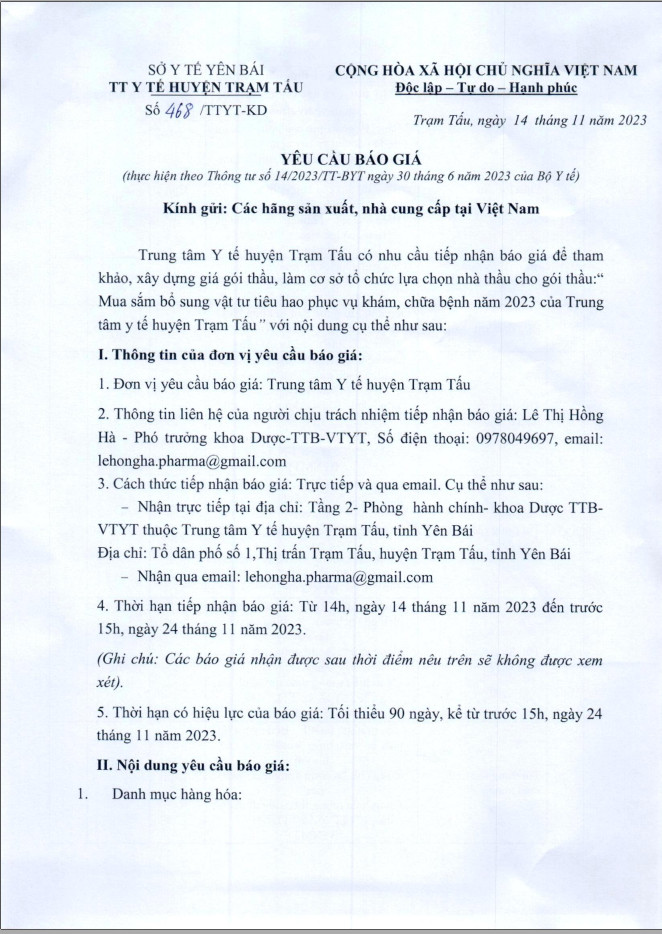 Nhu cầu báo giá tiếp nhận Của Trung Tâm Y Tế huyện Trạm Tấu .